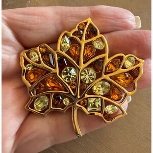 Nolan Miller Maple Leaf Brooch Citrine Amber Crystal Rhinestones